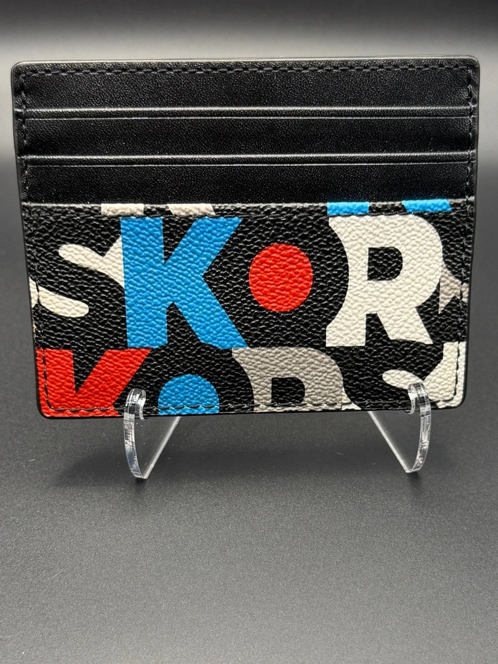 Michael Kors Black Leather Card Holder with Blue & Red Graphic Print